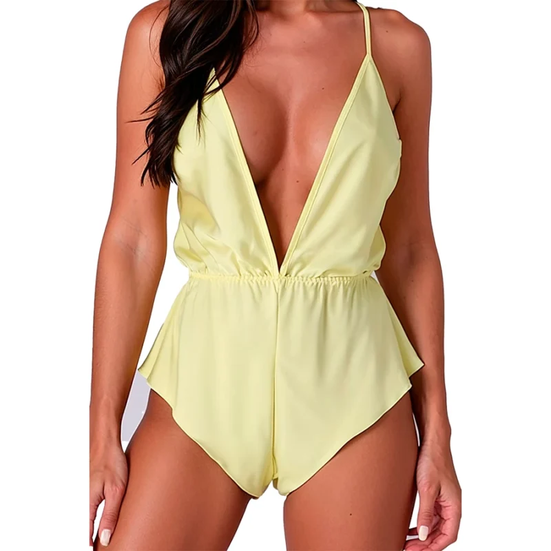 PASSION SENSIE Bodysuit Lemon S/M - satino apdaila, reguliuojamos petnešėlės