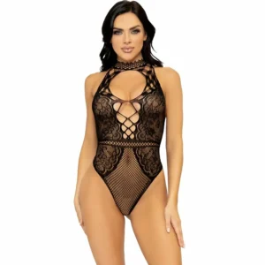 Leg Avenue Keyhole Halter Bodysuit tinklelis ir nėriniai, vieno dydžio juodi
