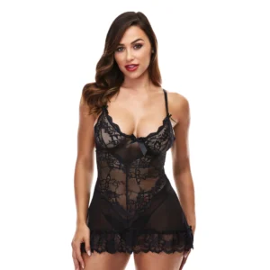 Baci Mini Lace Chemise Black M/L - Elegant Mesh Dress with G-String