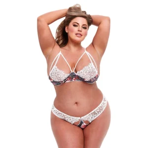 Baci Grey Floral & Lace Strappy Bra Set with Open Back Panty - Size Q