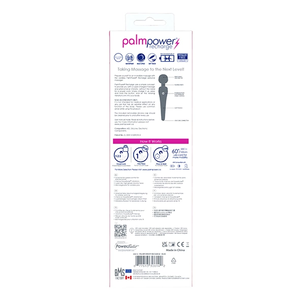 PalmPower Recharge Wand Massager Blue - Cordless Waterproof Model