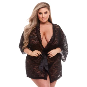 Baci Queen Black Satin & Lace Robe - Elegant Plus Size Design