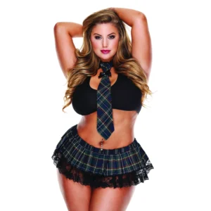Baci Queen Size Plaid School-Inspired Set - Black Bra & Accessories