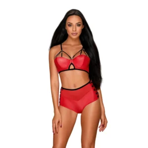 Obsessive Leatheria Red 2-Piece Lingerie Set S/M - Adjustable Straps & Mesh