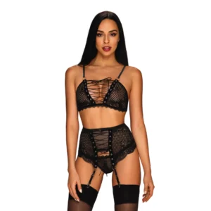 Obsessive Basitta L/XL Three-Piece Mesh & Lace Lingerie Set Black