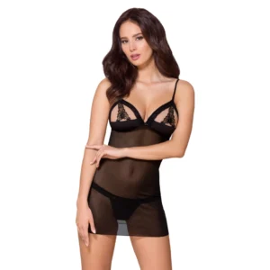 Obsessive 865-CHE-1 Black Mesh Chemise & Thong Set L/XL Adjustable