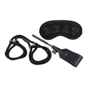 Sportsheets Knotty Brat Set - Rope Cuffs, Blindfold & Mini Crop, Black-Rose Gold
