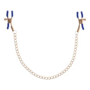 Sportsheets Cougar Adjustable Gold Chain Nipple Clamps with Blue Tips