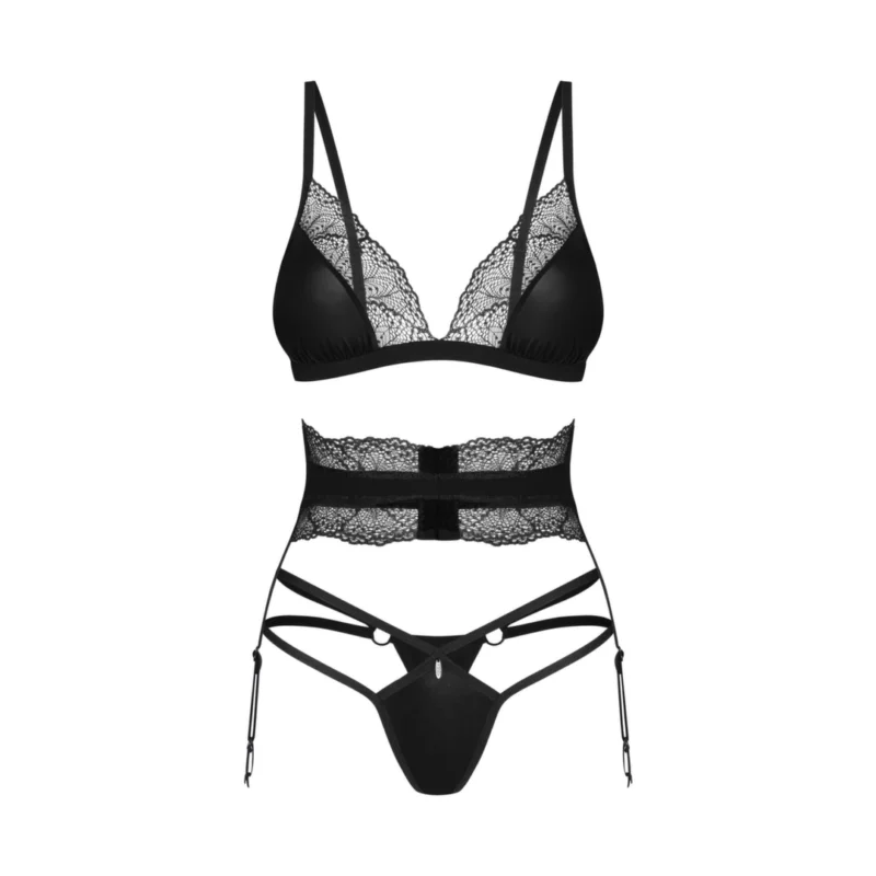 Obsessive Lobellis Set M/L - Three-Piece Black Lace Lingerie Ensemble