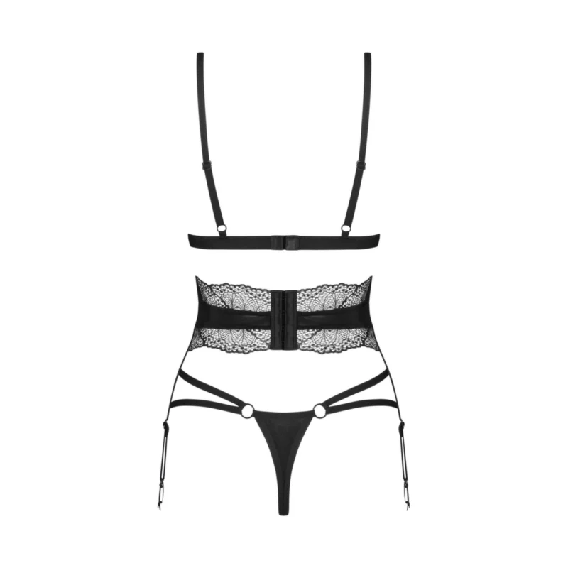 Obsessive Lobellis Set M/L - Three-Piece Black Lace Lingerie Ensemble