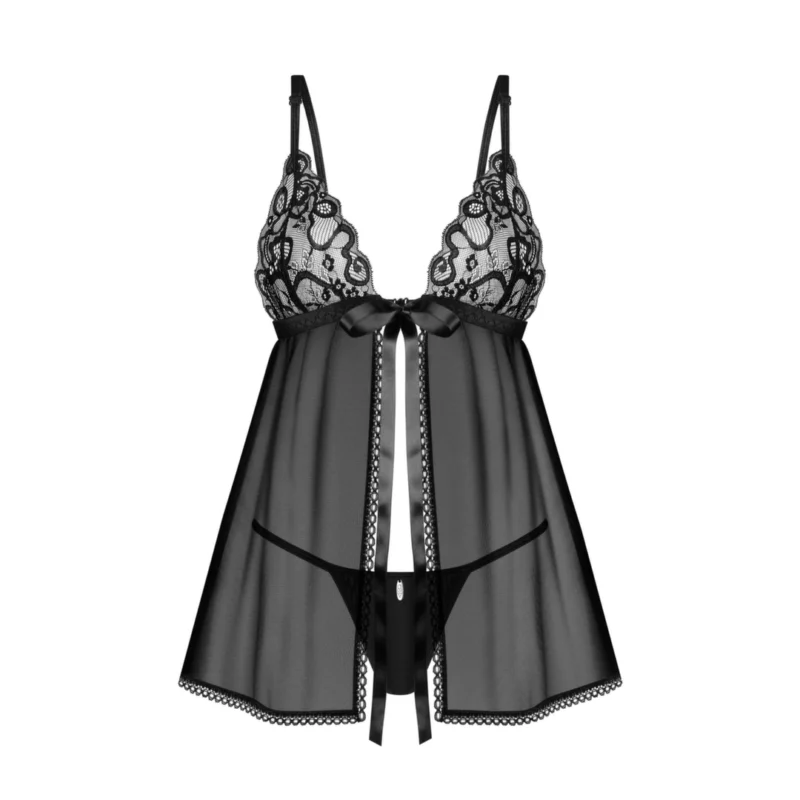Obsessive Blomentis Babydoll & Thong Set Black M/L Adjustable Straps