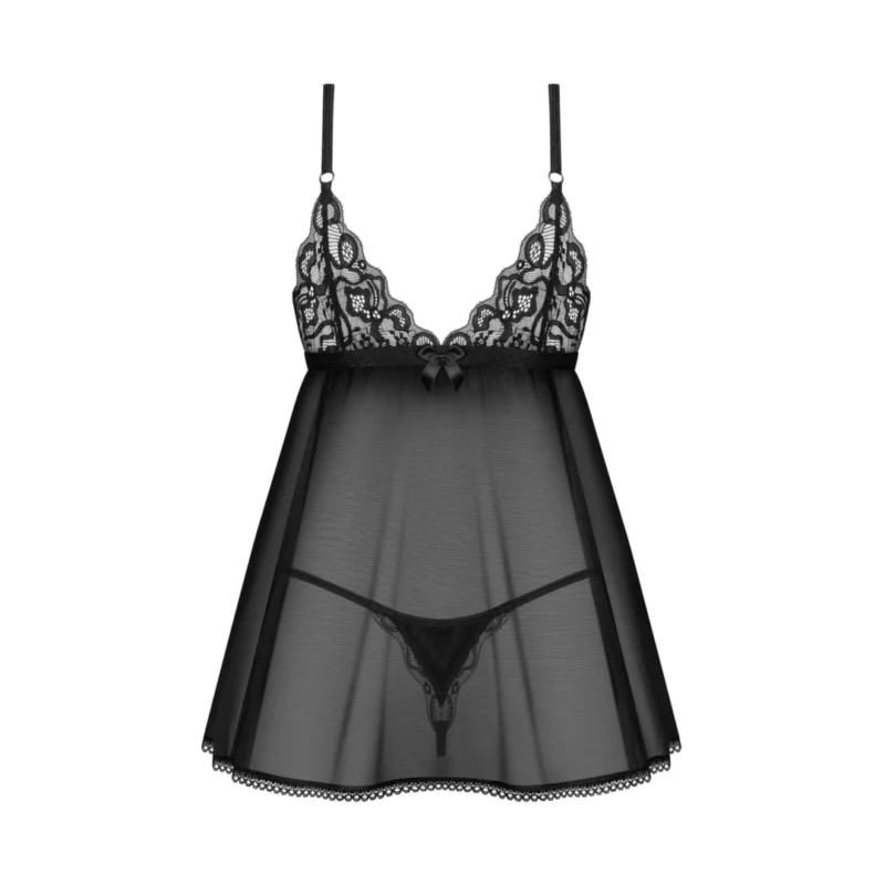 Obsessive Blomentis Babydoll & Thong Set Black M/L Adjustable Straps