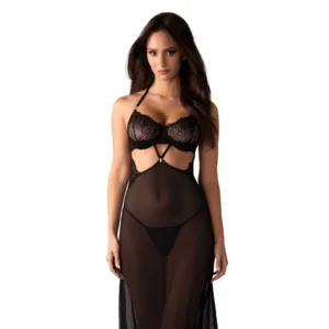 Obsessive Iliosa Long Chemise & Thong Black L/XL - Sheer Lace Design