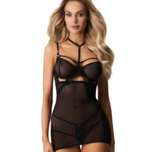 Obsessive Arrowel Black Chemise - Elegant Sheer Lace Lingerie, Adjustable Fit