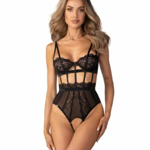 Įkyrus Bodysuit modelis 860-CRS permatomas tinklelis ir nėriniai, juodas reguliuojamas