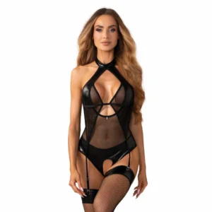 Obsessive Dominna Black Bodysuit su reguliuojamu kakliuku ir petnešėlėmis L/XL