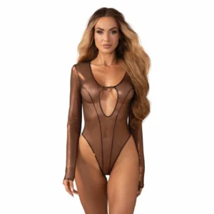 Obsessive Soranna Brown Bodysuit with Long Sleeves and Open Design