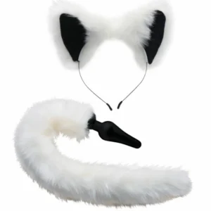 XR Brands White Fox Tail & Ears kostiumų rinkinys – minkštas dirbtinis kailis, silikoninis kištukas