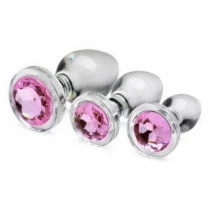 Glass Pink Gem Glass intymių kištukų rinkinys 3 dydžių – ergonomiškas ir higieniškas