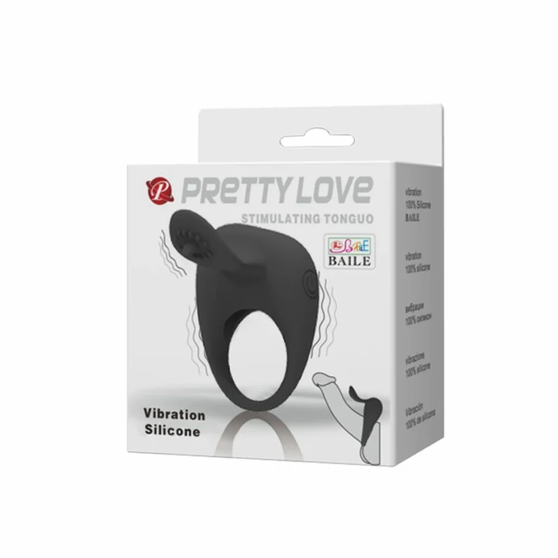 Pretty Love vibruojantis intymus žiedas su stimuliuojančiu liežuviu – silikoninis, juodas