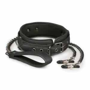 EasyToys Adjustable Faux Leather Collar with Metal Chains, Black