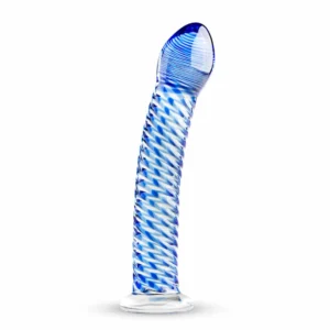 Glas Curved Glass Intimate Device No. 5 - Transparent with Blue Accents, Ribbed Shaft