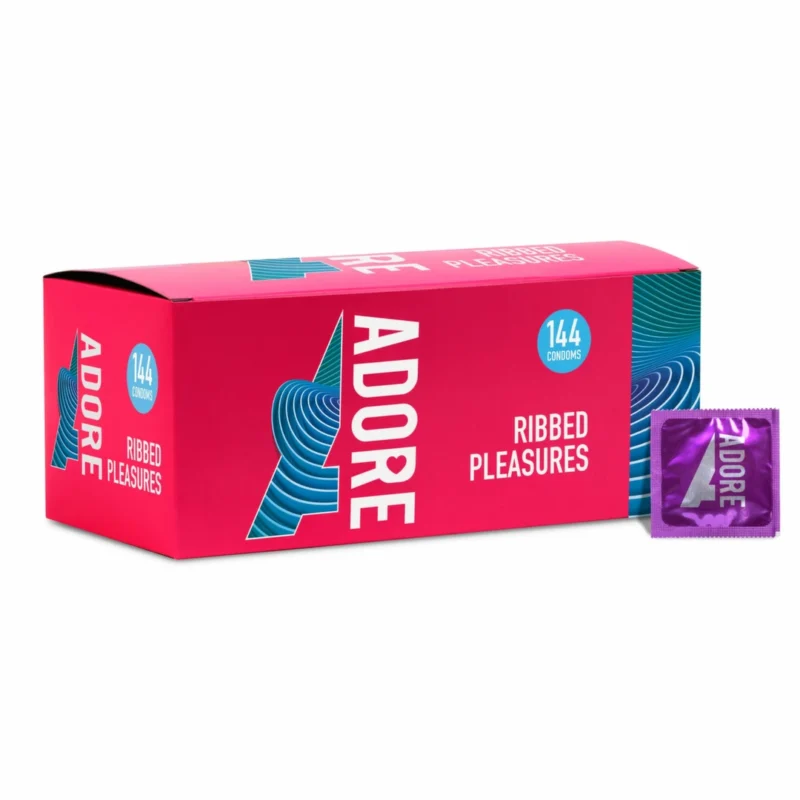 Adore Ribbed Premium latekso prezervatyvai 144 vnt - Skaidrūs, rumbuotos tekstūros, vidutinio dydžio