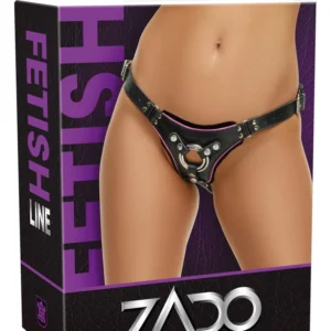ZADO Leather Adjustable Strap-On Harness S-L, Black/Pink, Dual Ring System