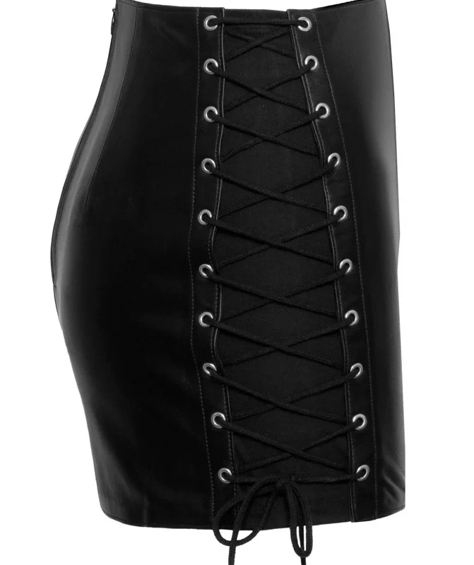 ZADO Leather Skirt L - Slim-Fit Lambskin, Adjustable Lacing, Black