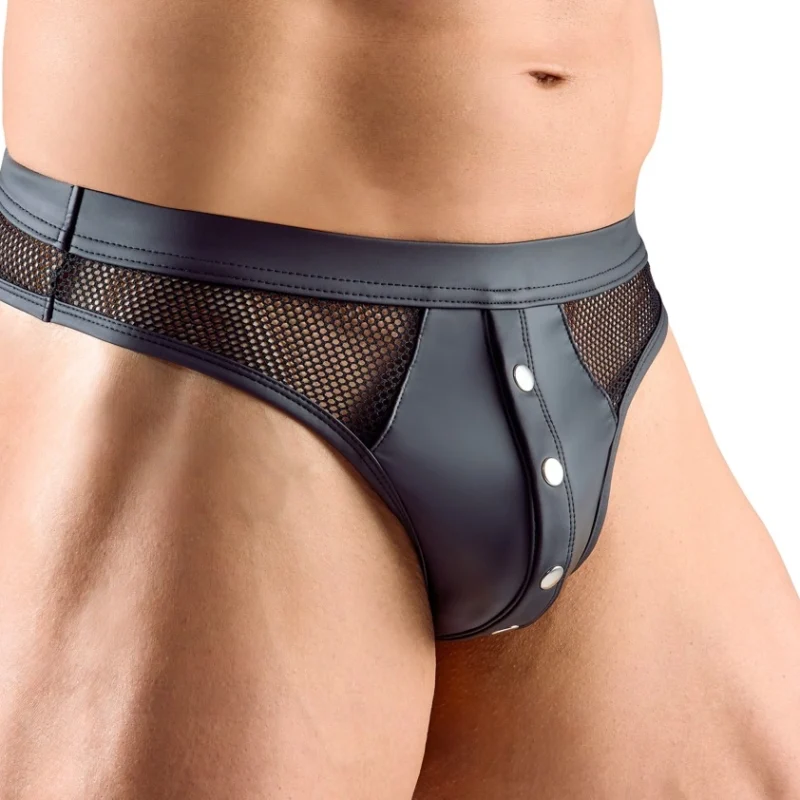 Svenjoyment Men's Thong 2XL Matte & Net Black with Press Studs