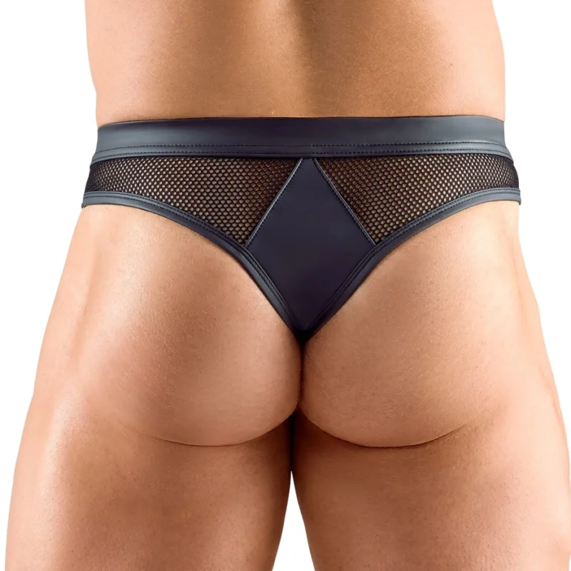 Svenjoyment Men's Thong 2XL Matte & Net Black with Press Studs