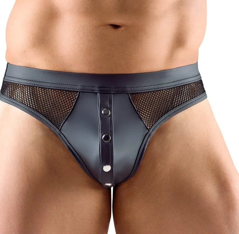Svenjoyment Men's Thong 2XL Matte & Net Black with Press Studs