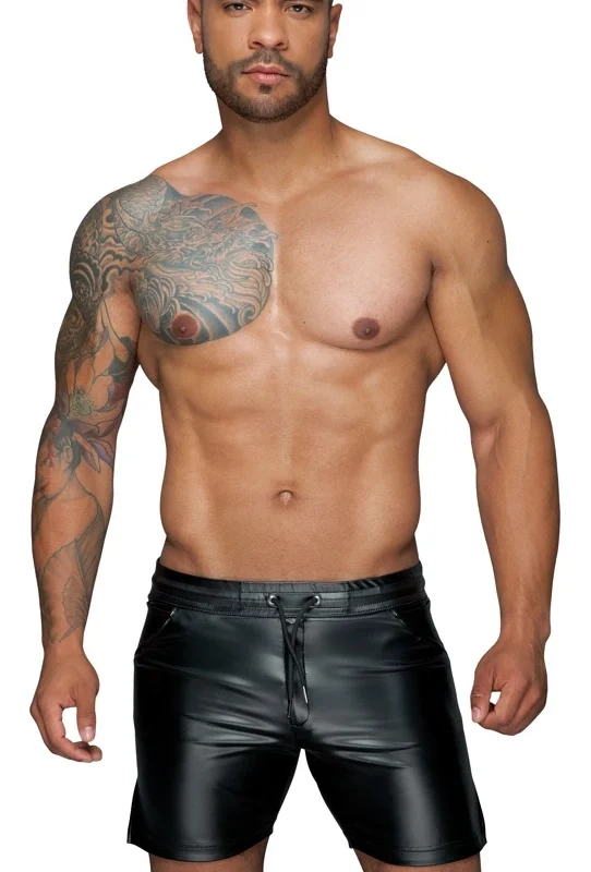 Noir Missbehaved Powerwetlook Shorts XL - Black, Stretch, Drawstring, Pockets