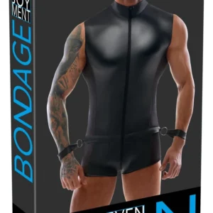 Svenjoyment Bondage Men's Matte Jumpsuit with Mesh & Wrist Cuffs, Size M