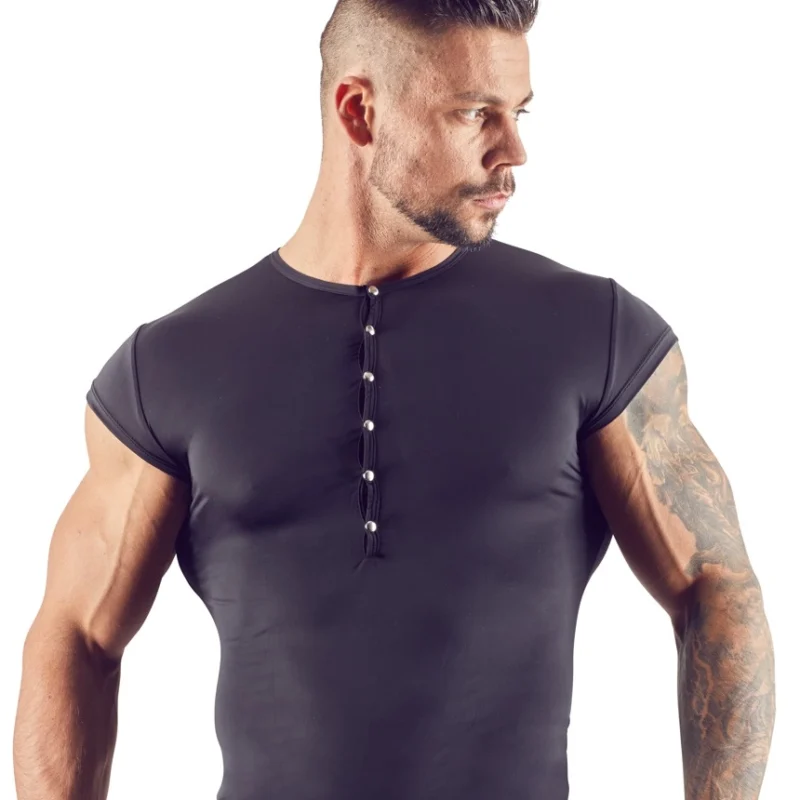 NEK Men's Microfiber Shirt XL Black Short Sleeve Silver Buttons