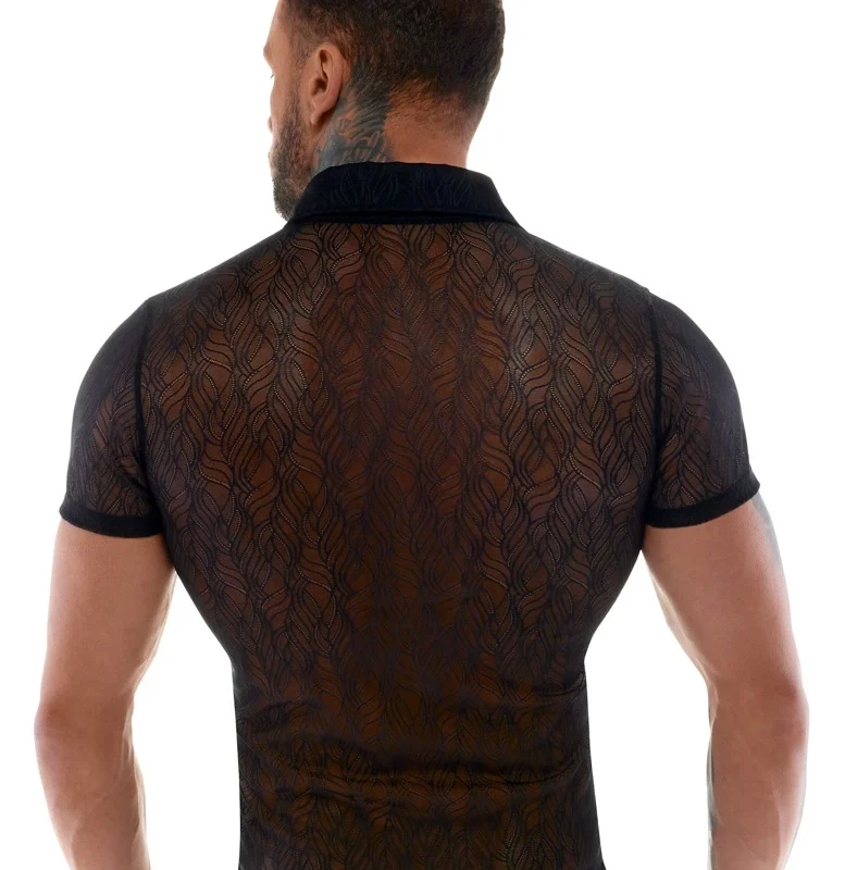 Svenjoyment Transparent Lace Shirt M - Black, Stretch, Buttoned Front