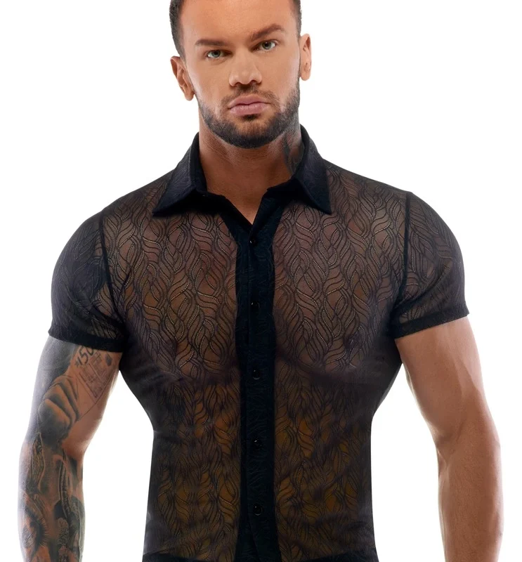 Svenjoyment Transparent Lace Shirt M - Black, Stretch, Buttoned Front