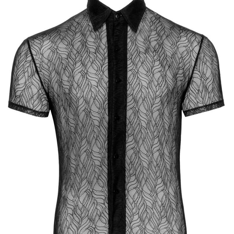 Svenjoyment Transparent Lace Shirt M - Black, Stretch, Buttoned Front
