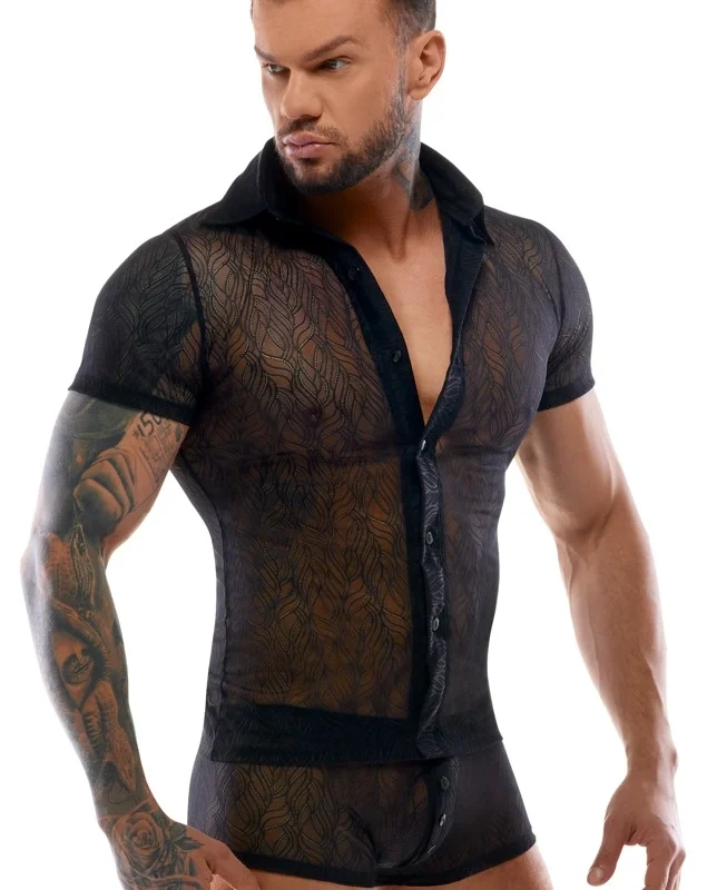 Svenjoyment Lace Shirt L Black - Soft Transparent Stretch, Button Front