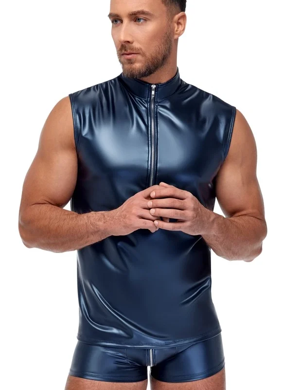 NEK Men's Sleeveless Shirt Blue Metallic Matte M Comfort Fit