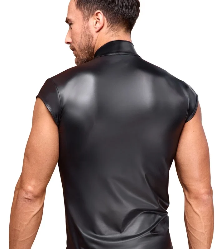 NEK Men's Black V-Cut Matte Shirt M - Short Sleeve, Stand-Up Collar