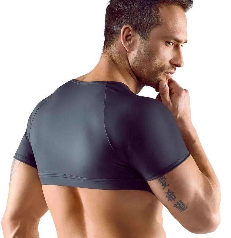 Svenjoyment Matte Black Mesh Crop Top for Men, Adjustable Chest Strap, M