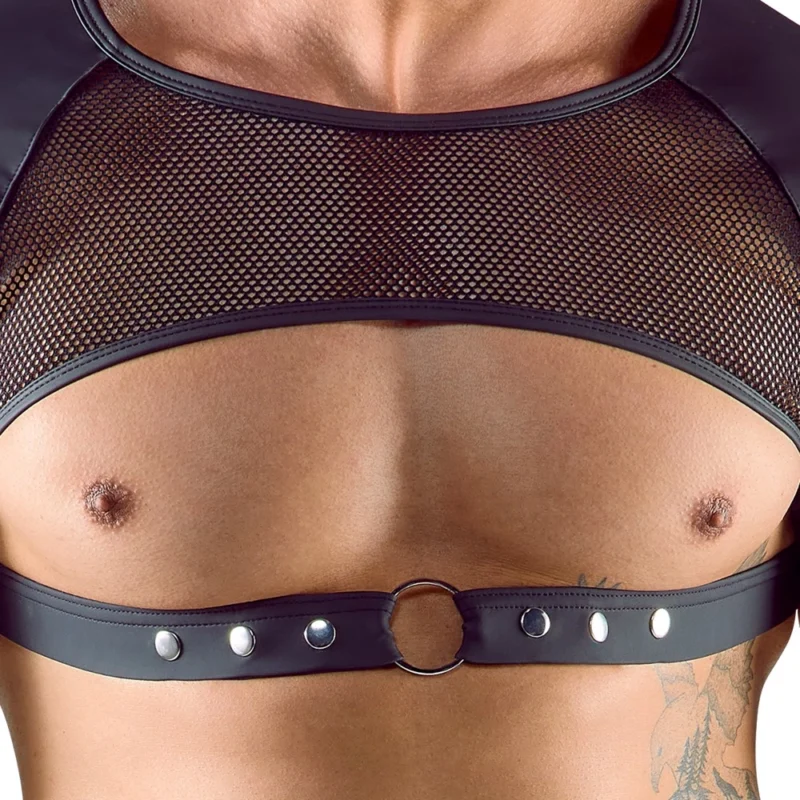 Svenjoyment Matte Black Mesh Crop Top for Men, Adjustable Chest Strap, M