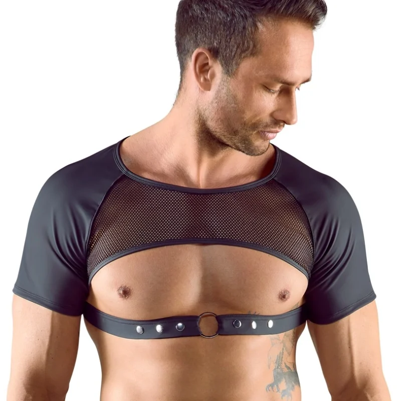 Svenjoyment Matte Black Mesh Crop Top for Men, Adjustable Chest Strap, M
