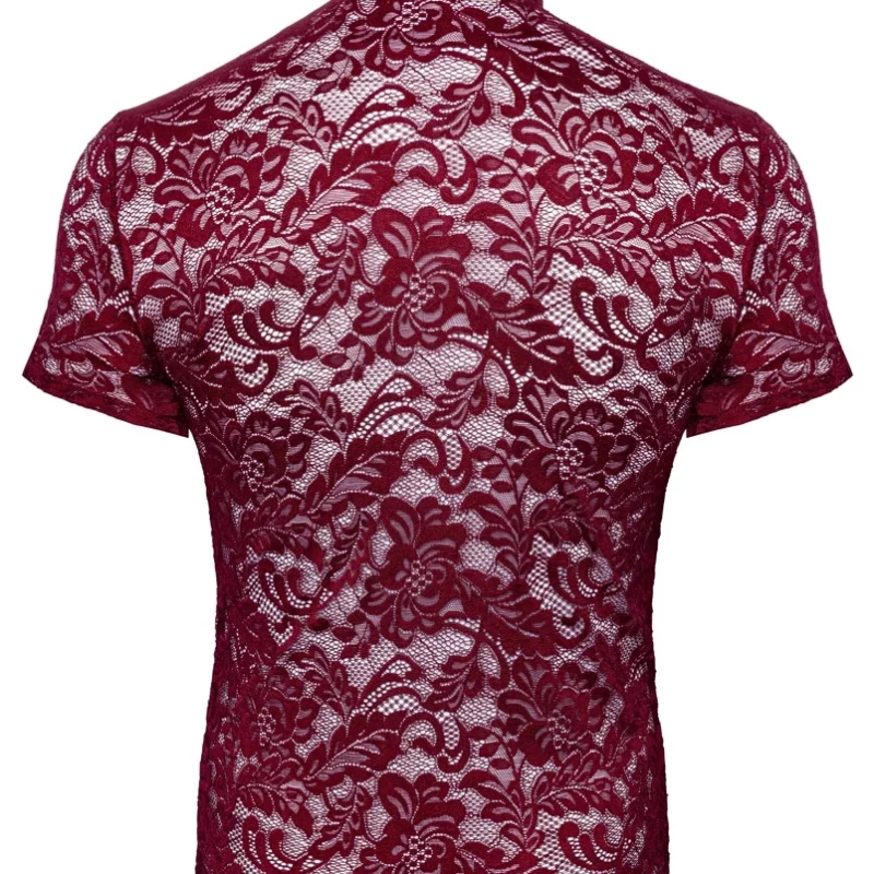 Svenjoyment Men’s Lace Shirt Burgundy Floral Short Sleeve M