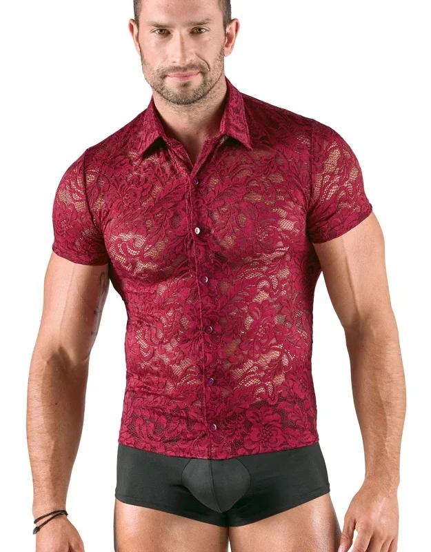 Svenjoyment Men’s Lace Shirt Burgundy Floral Short Sleeve M