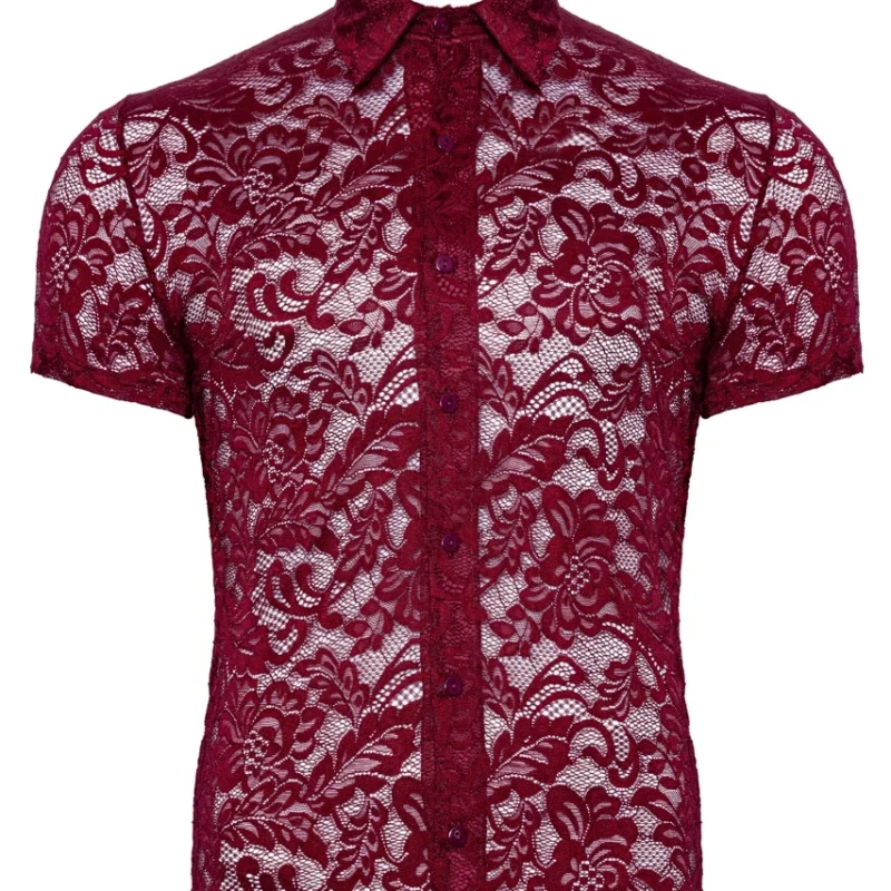 Svenjoyment Men’s Lace Shirt Burgundy Floral Short Sleeve M