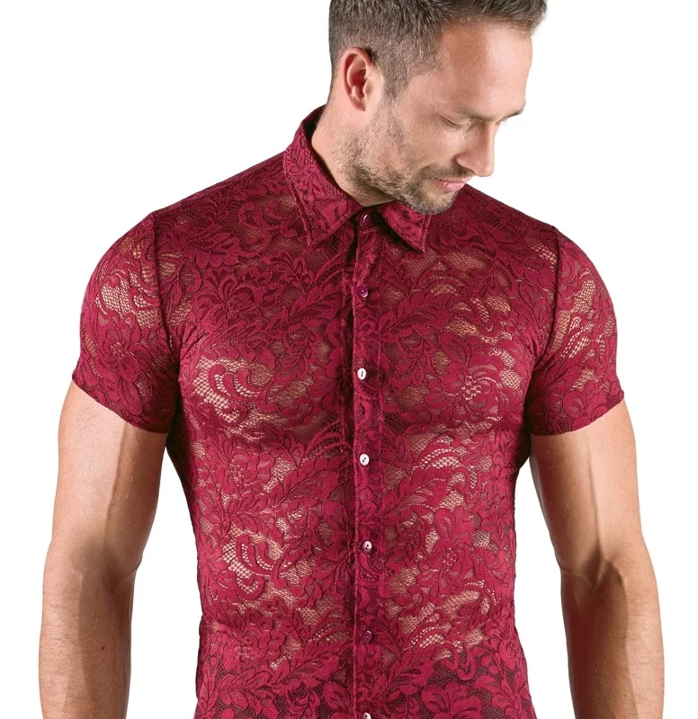 Svenjoyment Men’s Lace Shirt Burgundy Floral Short Sleeve M