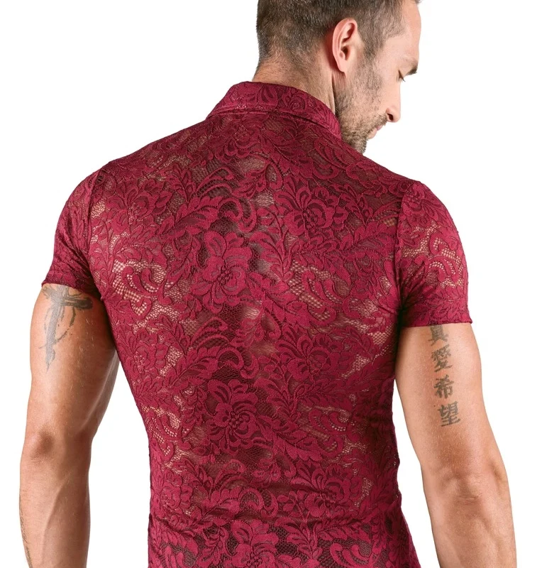 Svenjoyment Men’s Lace Shirt Burgundy Floral Short Sleeve M