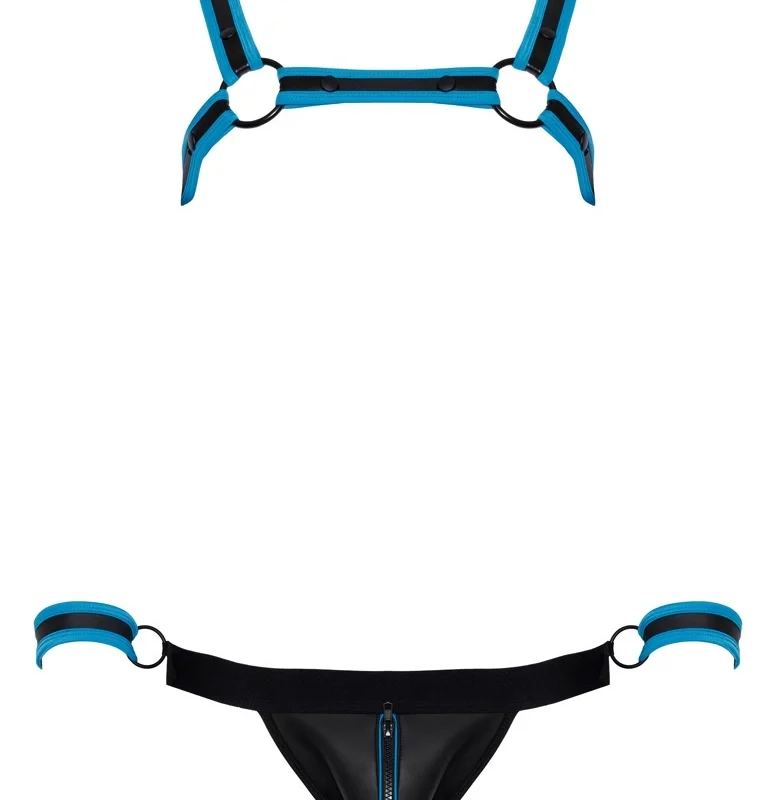 Svenjoyment Bondage Jock Set Black/Blue XL - Neoprene Look, Harness & Cuffs